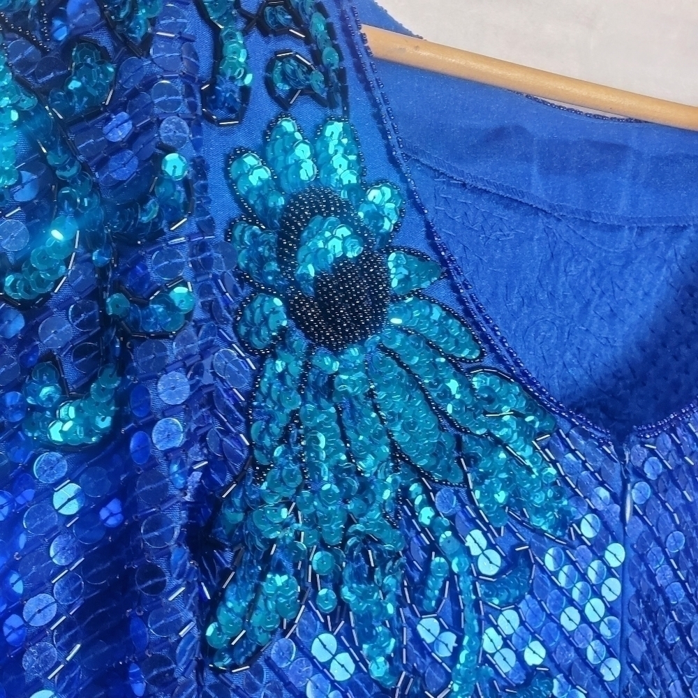 Vintage 80s Nadine Vibrant Blue Floral Sequins Long Sleeve Dress Size Medium - Picture 9 of 16
